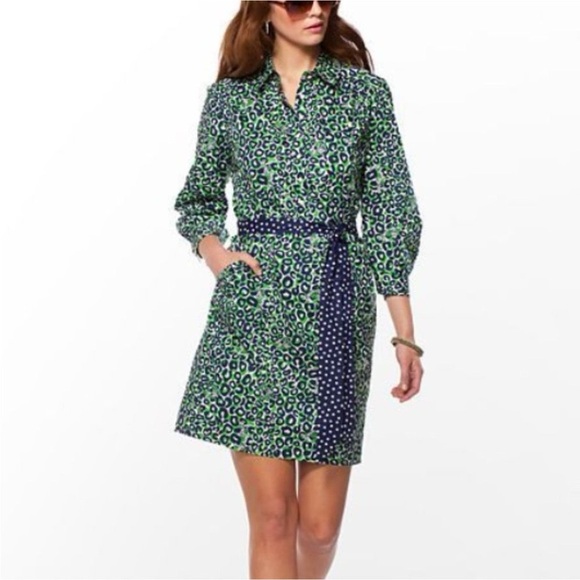 Lilly Pulitzer Thrill of the Chase Green and Blue Leopard Long Sleeve Dress 4 - Picture 1 of 6